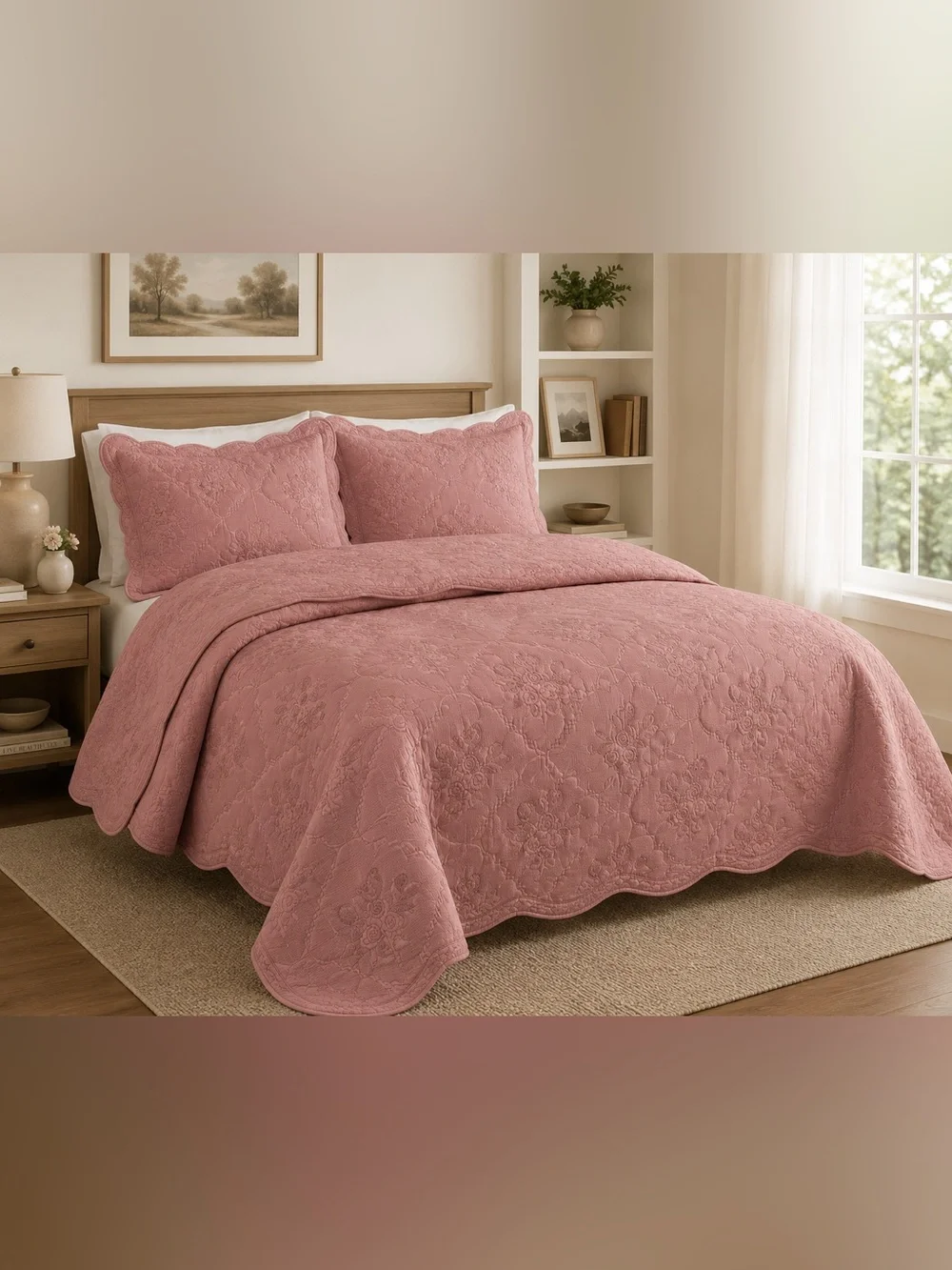 Queen 3 piece pink embroidery quilt set